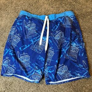 Bud Light blue Large Swim Trunks can with sunglasses and surfboard